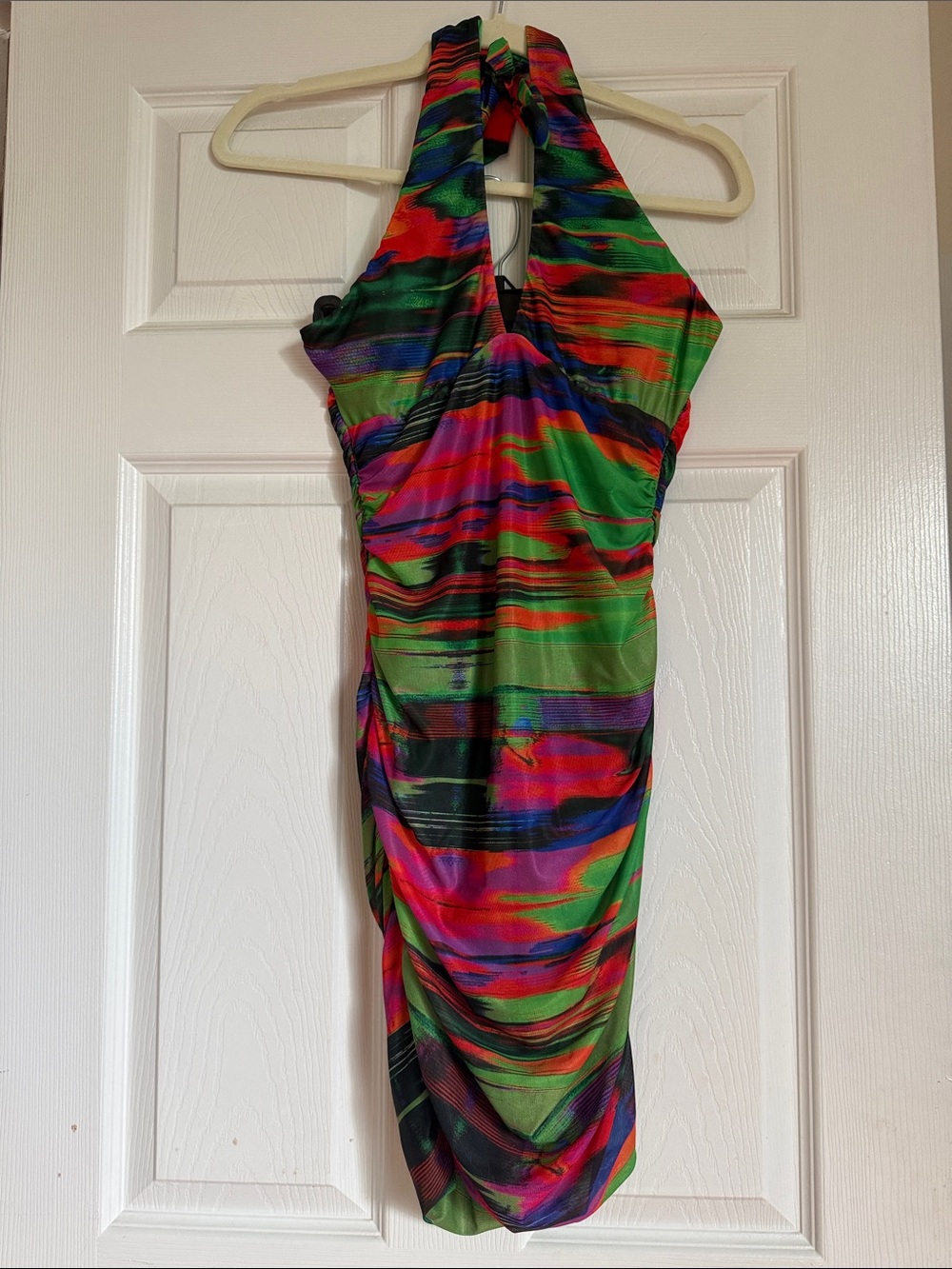 Vibrant Multi-Color Halter Ruched Mini Dress - Picture 3 of 4